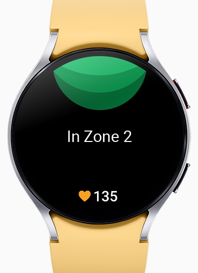Galaxy Watch6 can be seen displaying personalized HR Zone screen, with the text 'In Zone 3' in the middle and the number 135 next to a fire icon at the bottom.